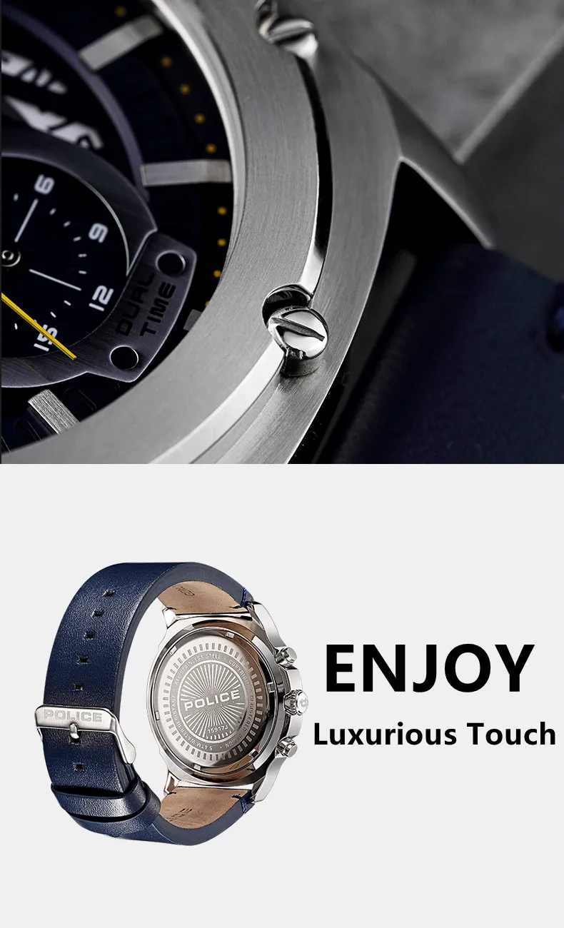 POLICE Watches for Men Multifunction Luxury Chronograph Creative Design Dial Blue Good Leather Strap