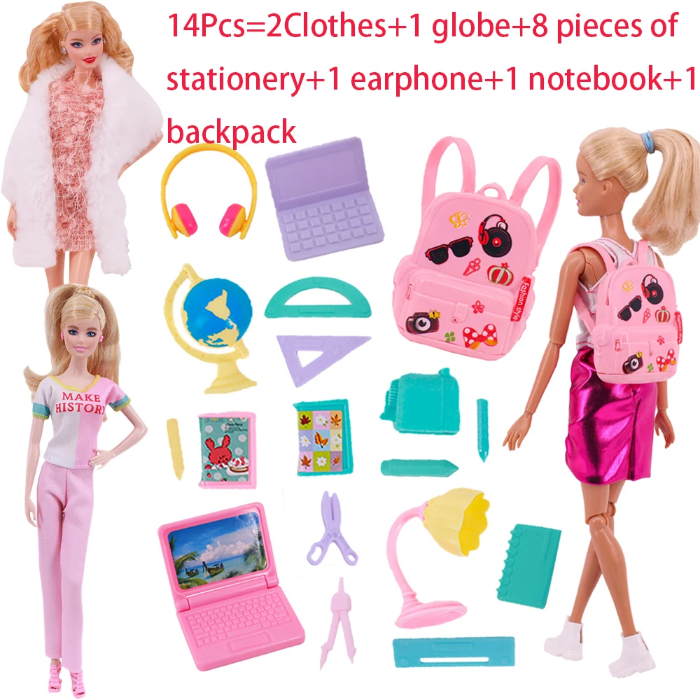 Zestaw akcesoriów/ubranek dla lalek, wieloelementowy, dla lalek pluszowych o wysokości 30 cm, zawiera spódniczkę, notatnik, globus, linijkę i plecak, idealny prezent na rozpoczęcie roku szkolnego dla dziewczynki.
