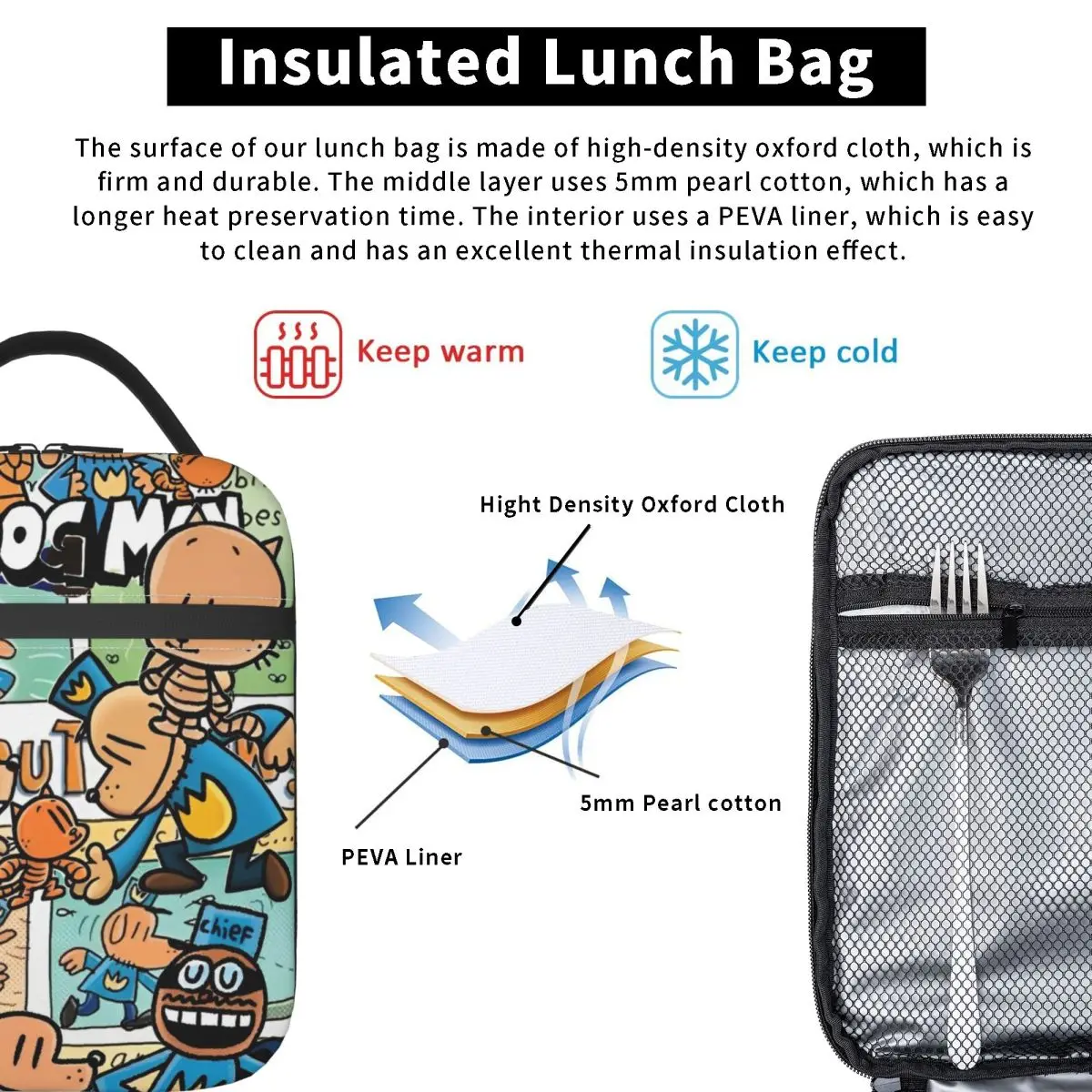 Dog Man Superhero Comic Thermal Insulated Lunch Bag for Office Portable Food Bag Container Men Women Cooler Thermal Lunch Boxes 5
