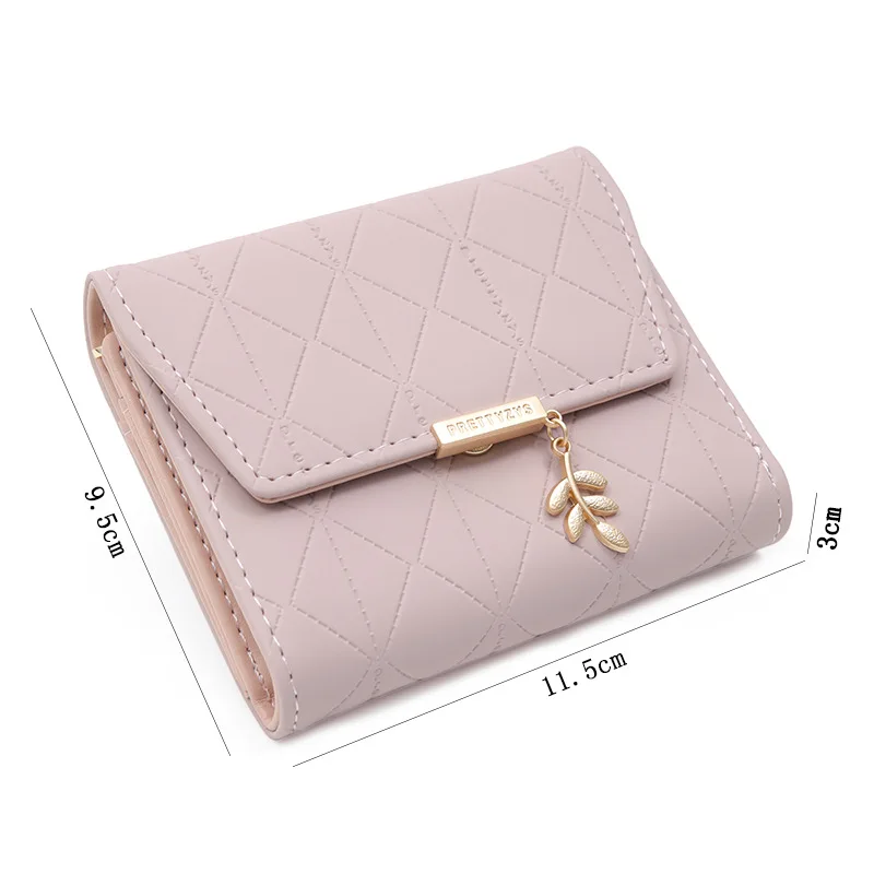 Women's Short Wallet with Fresh Checkered Leaf Pendant Leather Clutch