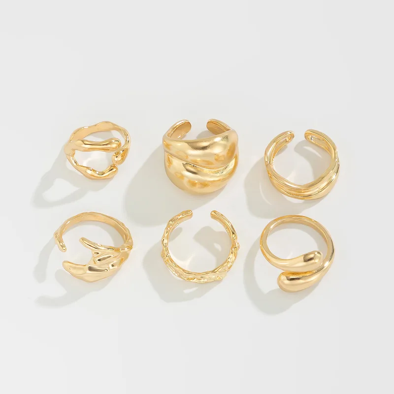 6Pcs/set Vintage Irregular Rings Set Geometric Metal Gold