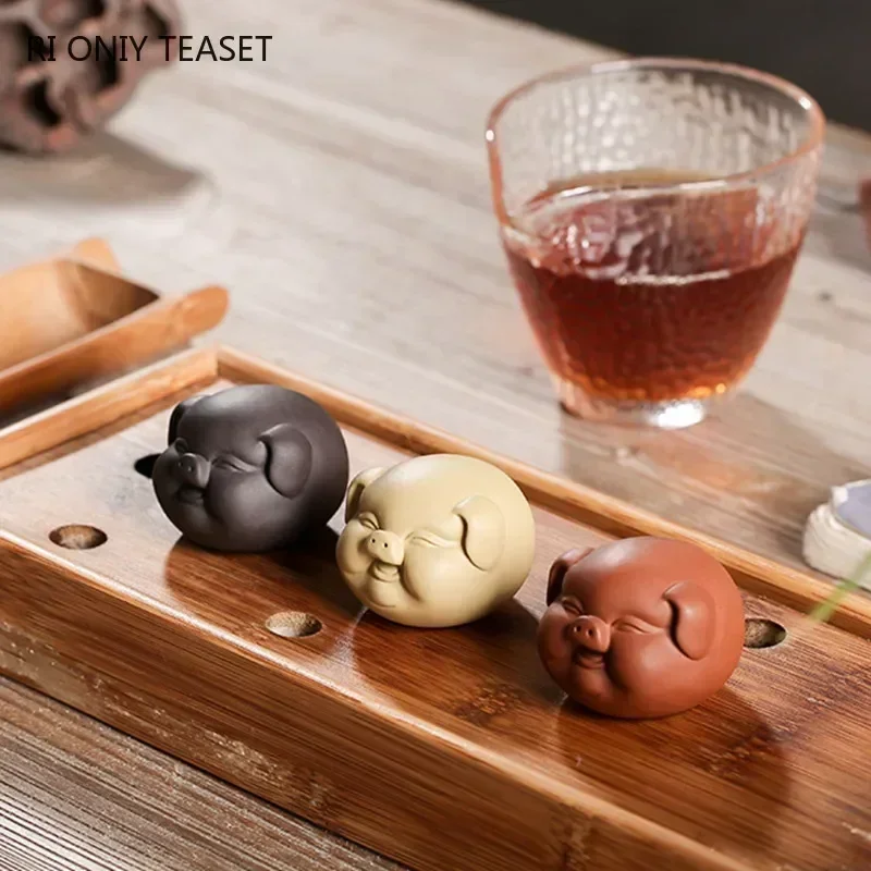 Tea Pet Ornaments 1 Pc Chinese Purple Clay Tea Pet Cute Pig Statue Tea Figurine Ornaments Handmade Sculpture Crafts Set Decoration Accessories