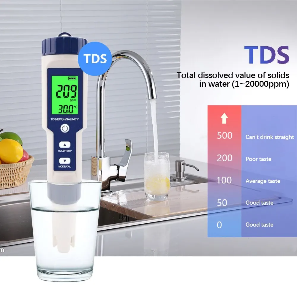 5 in 1 Water Quality Tester Digital TDS/EC/PH/Salinity/Temperature Meter for Pools Aquariums Water Quality Detector