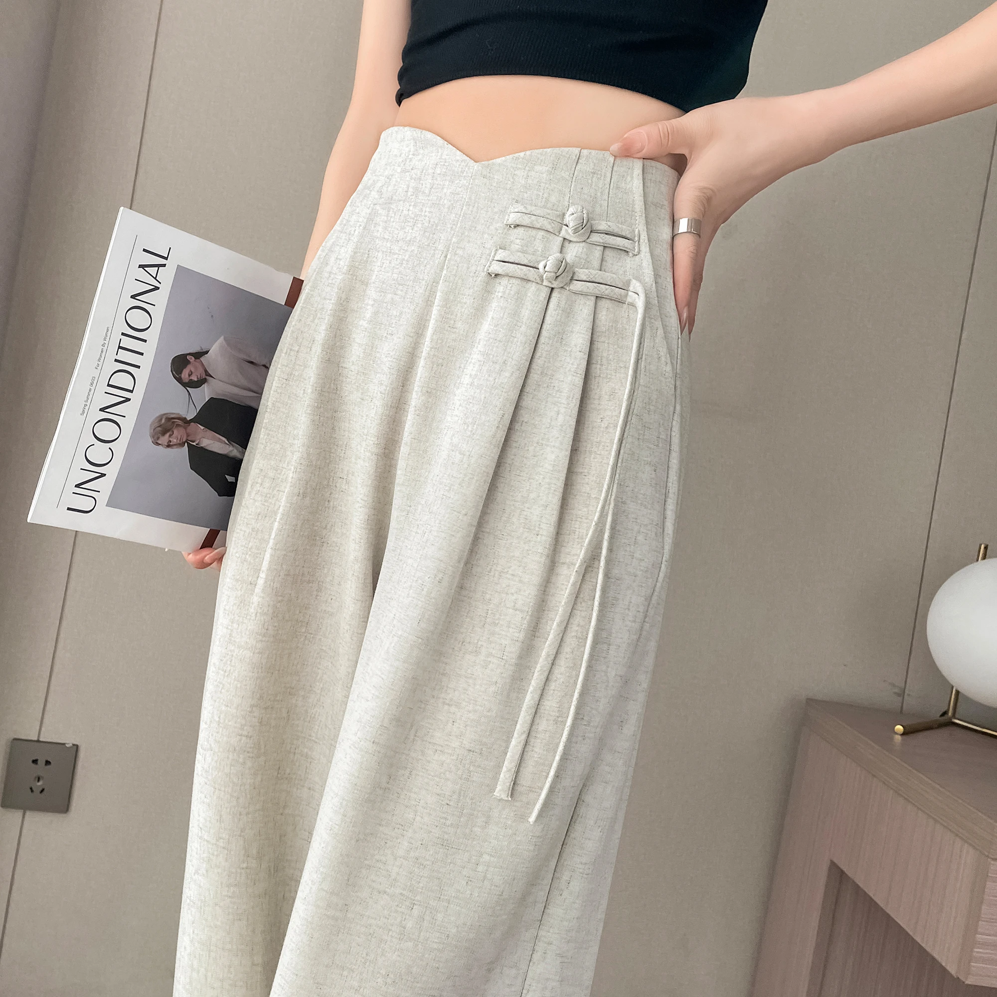 Linen Suit Wide Leg Pants Y2K Women's Summer Retro Chinese Style Design High Waist Drape Narrow Cut Straight Leg Casual Pants