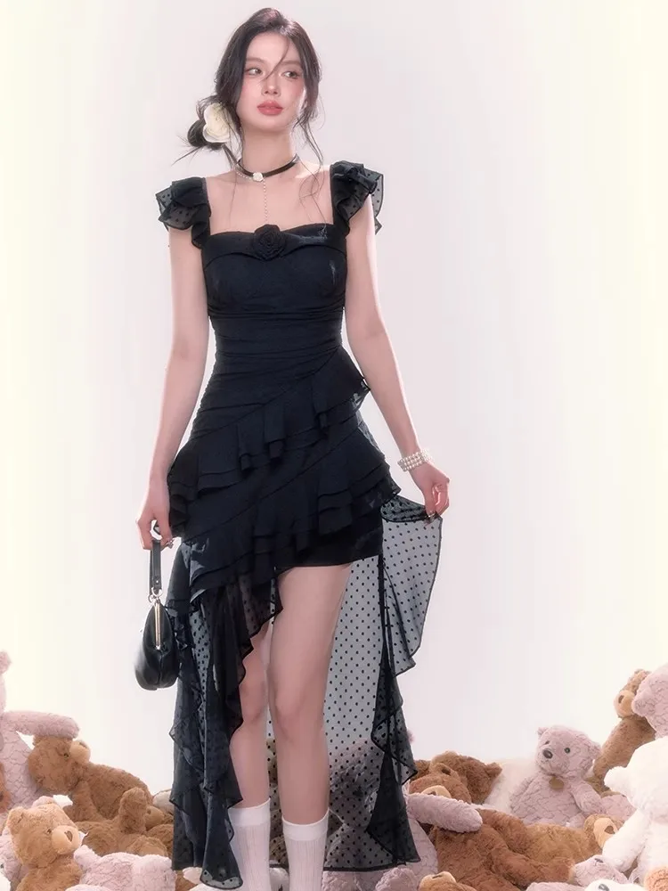 Y2K Irregular Ruffles Midi Dresses for Women Sleeveless Birthday Party Dress Prom Robe Korean Chic Summer New One Piece Vestido