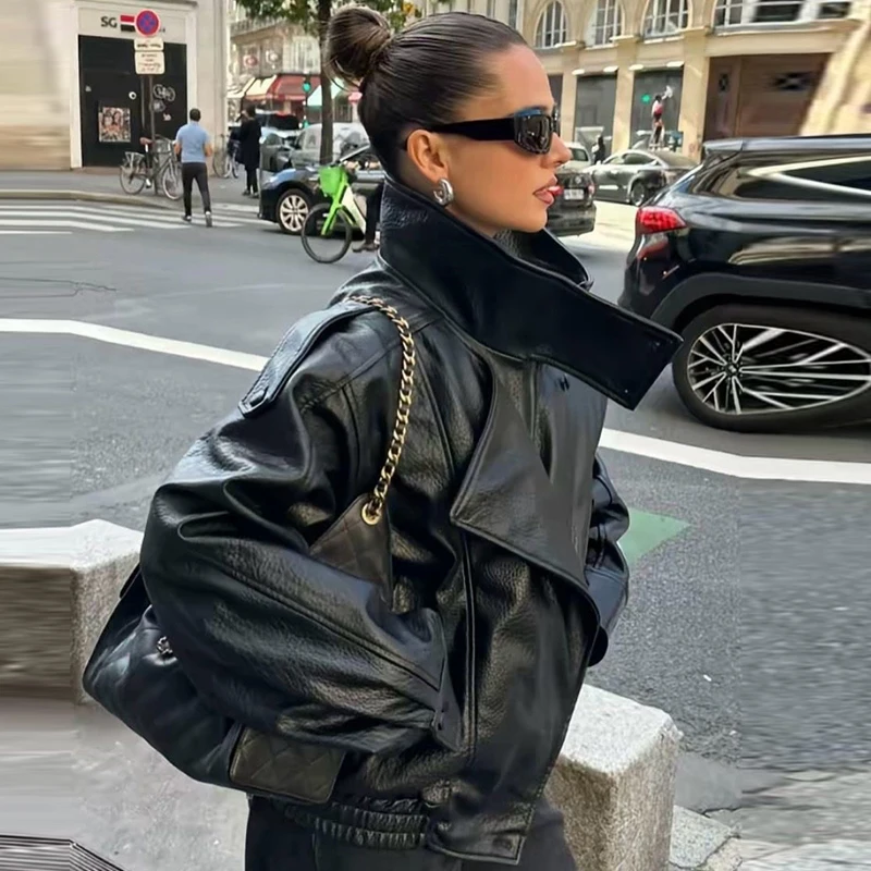HXAO Faux Leather Black Jackets For Woman