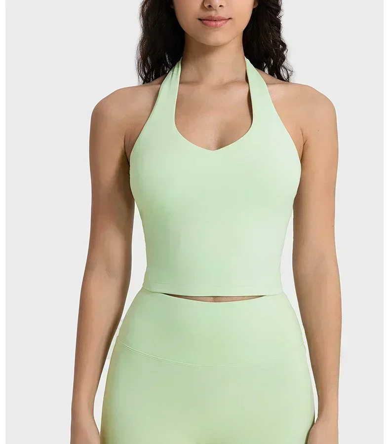 Lemon Women Halter Tank Top Light Support Exercise Yoga Sports Vest With Chest Pad Casual Running Fitness Pilates Vest Gym Tops