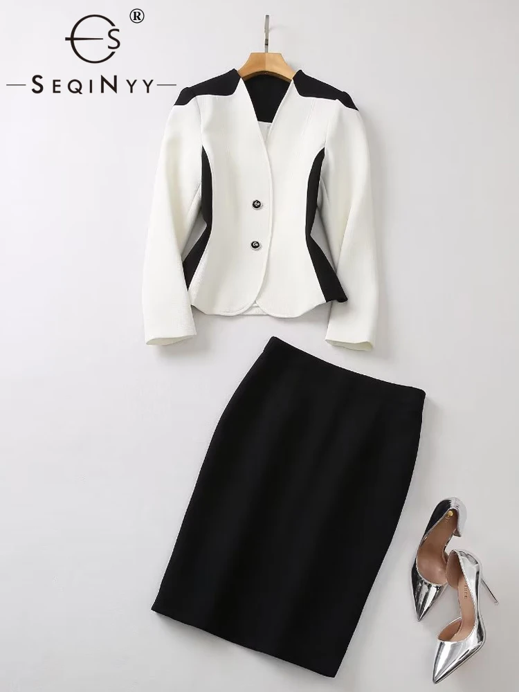 

SEQINYY Elegant Suit Spring Autumn New Fashion Design Women Runway White Jacket + Slim Black Skirt Office Lady Slim