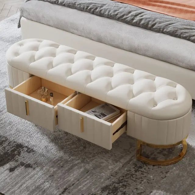 New Studded Leather Bedroom Bench Sofa with 2 Drawers