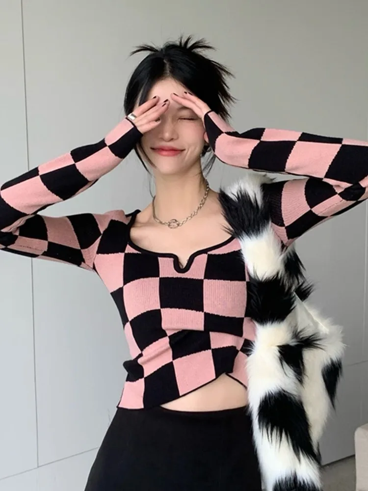 Tonngirls Knitted T Shirt Women Long Sleeve Checkerboard Plaid Square Collar Ladies Tops 2022 Korean Slim Skinny Cropped Tees cheap graphic tees Tees