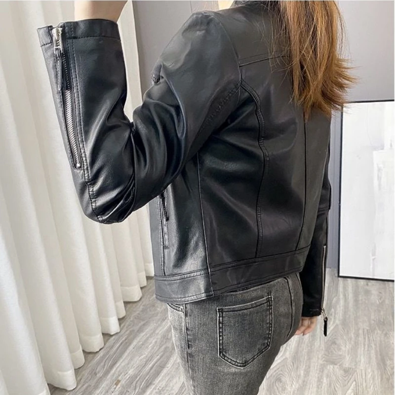 Leather Jacket Women Zipper Motorcycle Jacket Streetwear PU Leather Coat Belt Short Tops Stand-up Collar Black Outerwear Korean