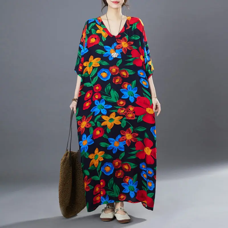 

Женское свободное платье с коротким рукавом, свободное облегающее платье с V-образным вырезом и принтом в стиле ретро, модель Z1275 на лето, 2023