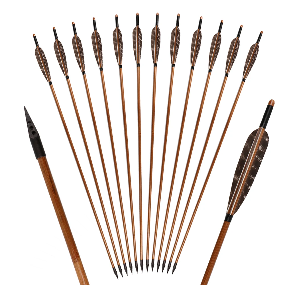 Flèches En Bambou Traditionnelles 33,5 Pouces - 5 Plumes Naturelles - Pour Arc Long Ou Arc De Chasse - Lot De 6 Ou 12