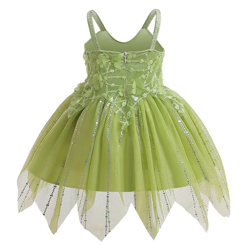 1 to 7Y Tinker Bell Dresses Cosplay Costume Girls Green Gown Elegant Robe with Wing Party Halloween Evenning Princess Clothing