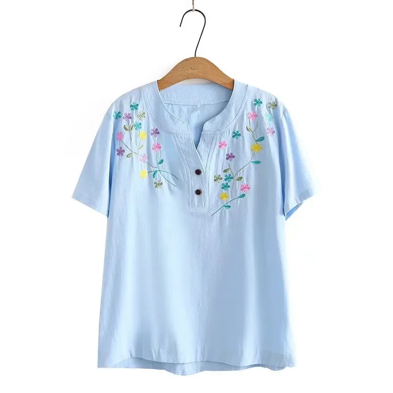 

Plus Size Clothing For Summer Short Sleeve Chinese Style Embroidery Pattern Cotton Fabric Large Size Shirt Fit Busty Lady Wear