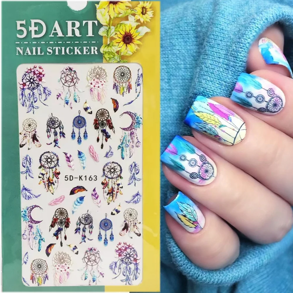 1Sheet 5D Colorful Feather Dream Catcher Nail Sticker,Nail Art Decoration Slider,Self Adhesive