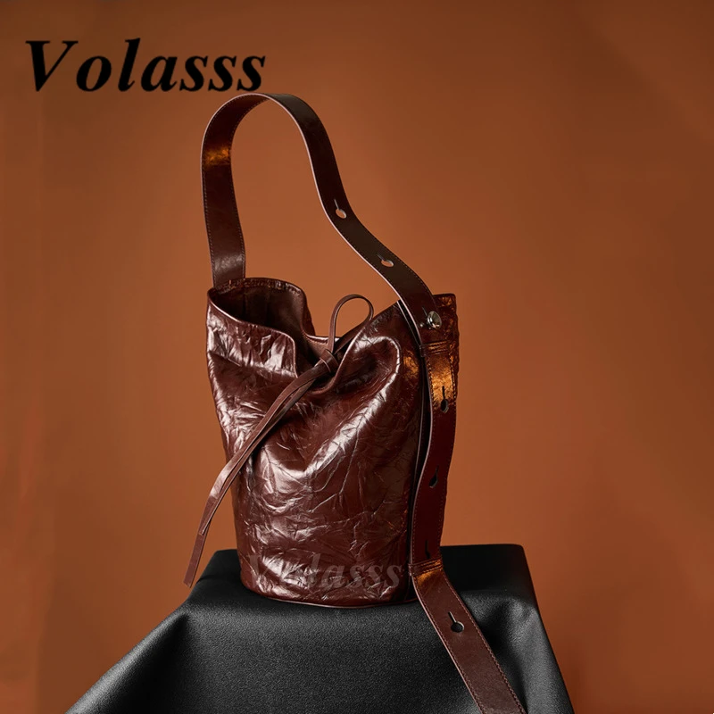 

VOLASSS Fold Genuine Leather Women's Bucket Crossbody Bag New Big Capacity Tote Handbag Fashionable Cowhide Single Shoulder Bags