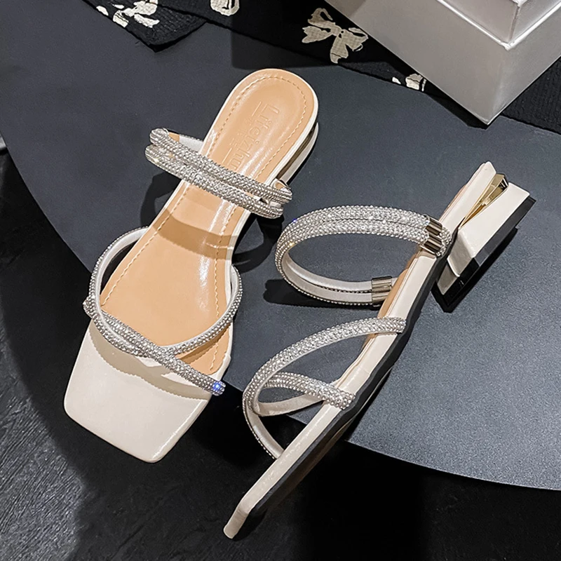 Cross Narrow Band women sandals crystal beading low heel summer shoes