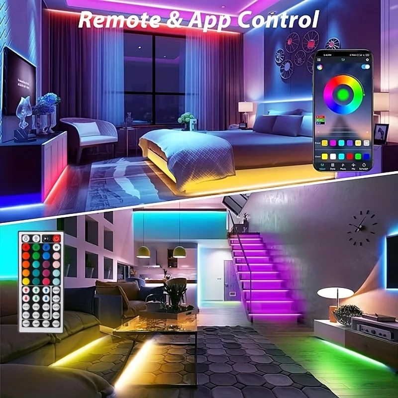 RGB LED 스트립 조명, 음악 동기화, 색상 변경 가능 TV 백라이트, 앱 컨트롤 리모컨 포함, PC룸, 침실, 홈데코, 파티, 축제용