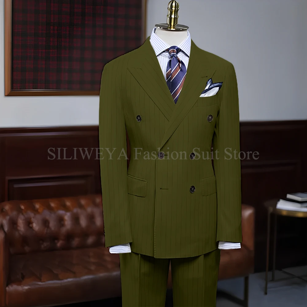 Men suits 2 piece Blazer Beige vertical stripes Peak lapel Double breasted Slim fit