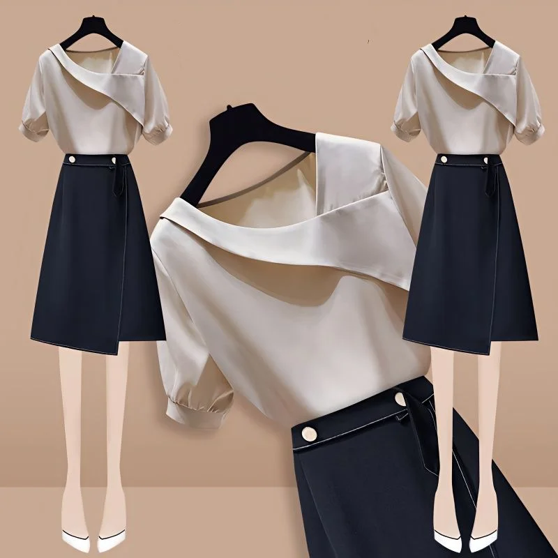 Design Sense Foreign Chiffon Short Sleeve Set for Women's 2023 Summer New High Waist Slim Professional Half Skirt Two Piece Suit