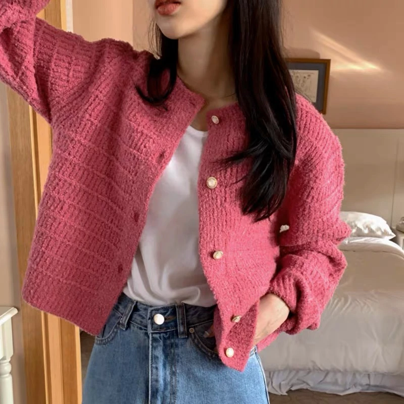 New Fashion Women's Small Fragrant Wind Cardigan Knitted Sweater Single-breasted Round Neck Women's Long-sleeved Jacket