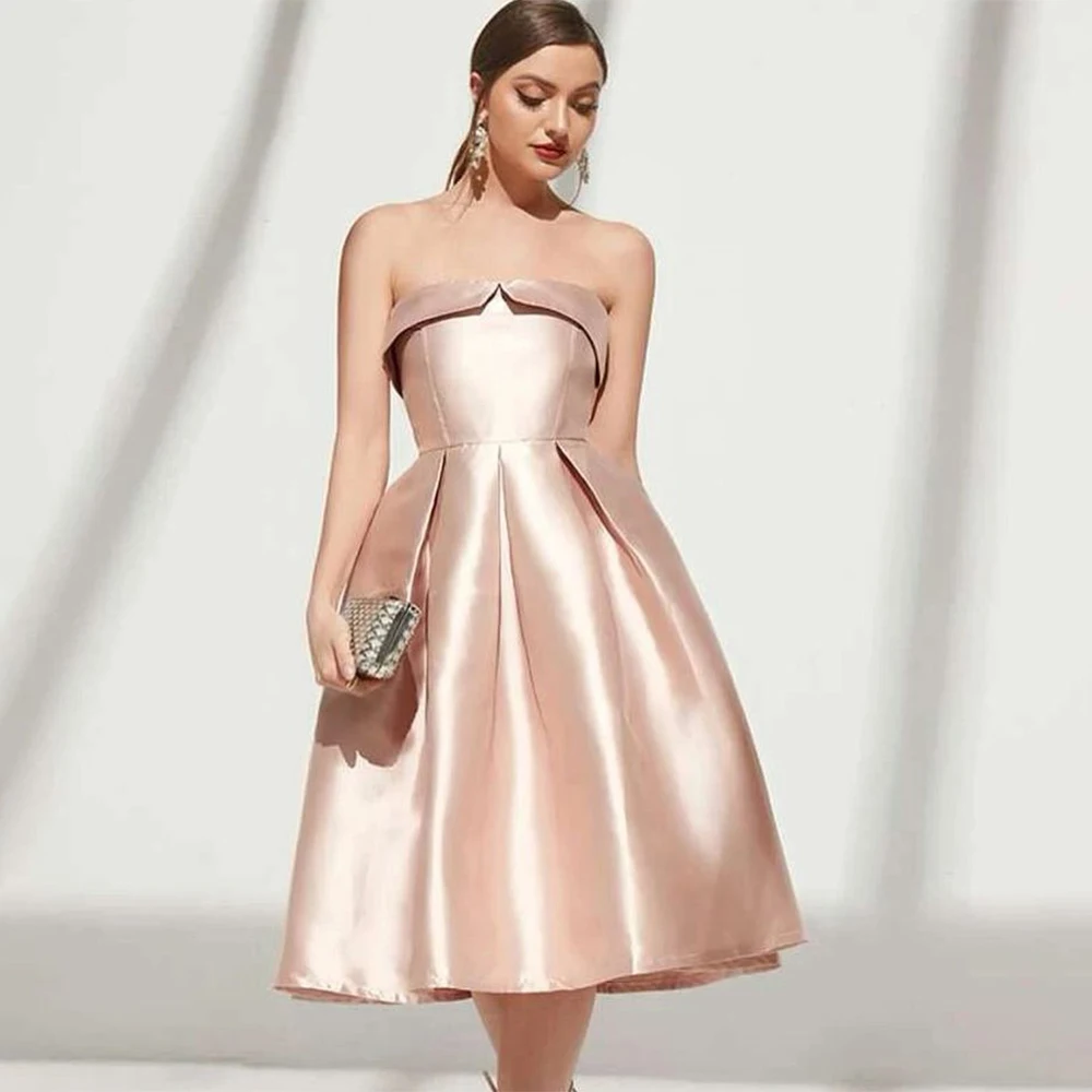 Satin Party Dress for Wedding Champagne A Line Strapless Midi Cocktail Dresses for Women Tea Length Sleeveless Short Prom Gowns