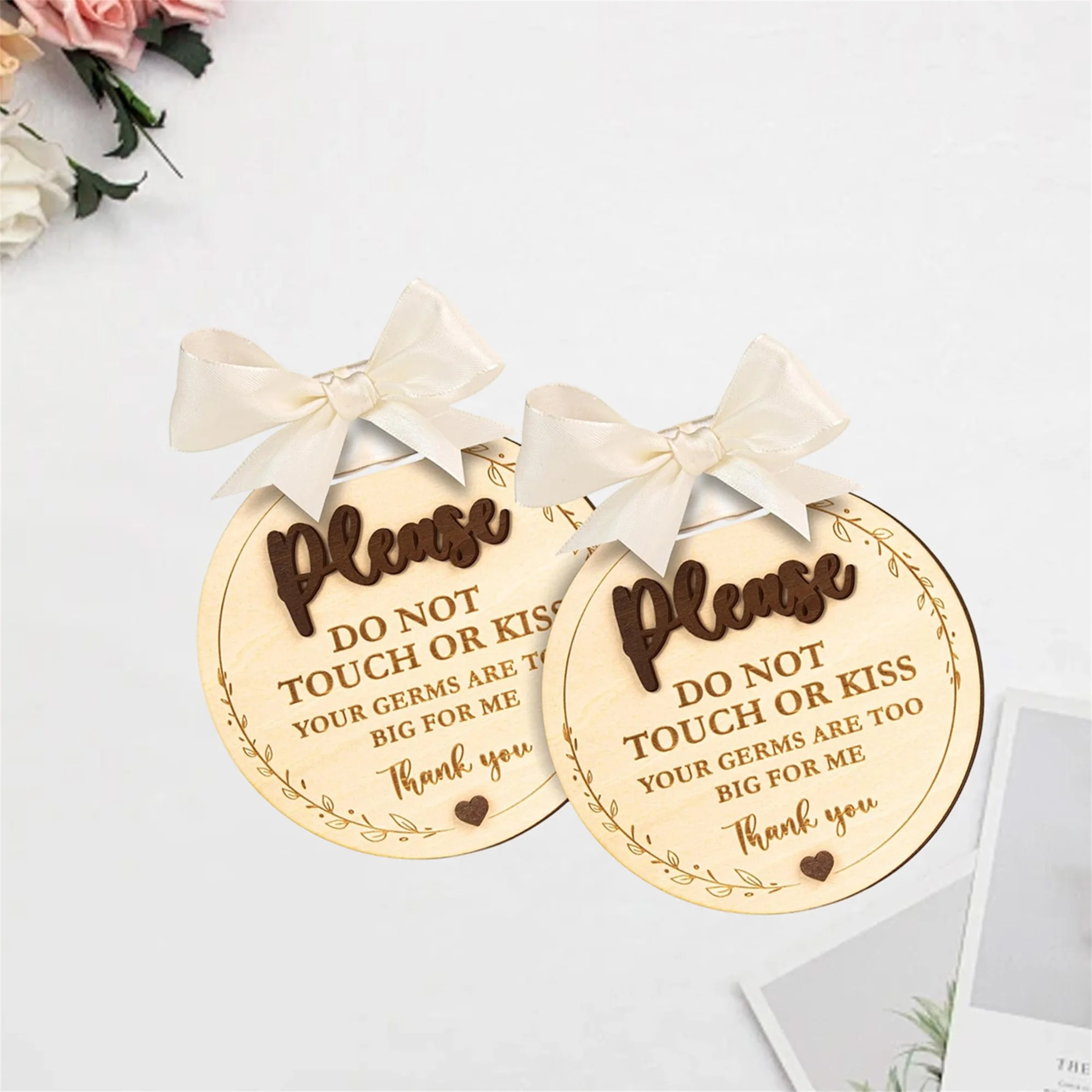 Wooden Baby Car Seat Sign with Bow and Do Not Touch or Kiss Warning for Infant Safety and Protection