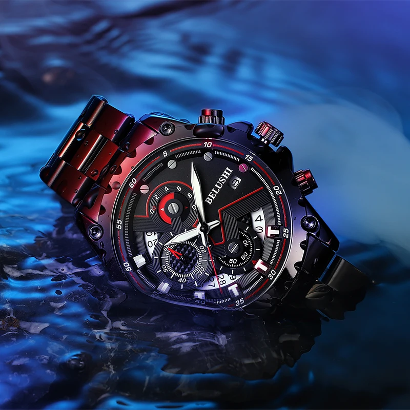 BELUSHI Fashion New Mens Watches Top Brand Luxury Chronograph Full Steel Waterproof Quartz Watch Men Date Sports Clock