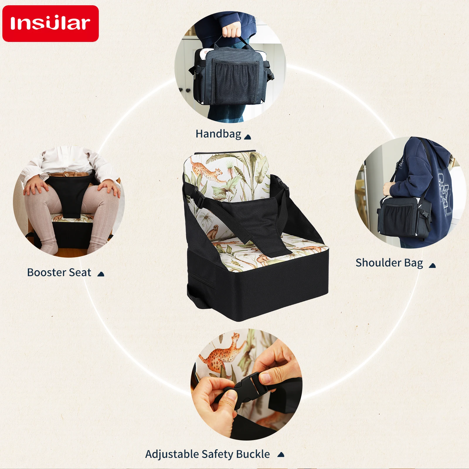INSULAR Child Anti-slip Seat Booster Cushion Portable Baby Dining Chair Booster Cushion Child Foldable Seat High Pad Waterproof