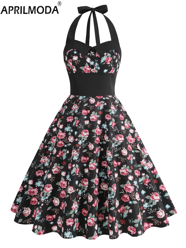 

Halter Vintage 50s Swing Casual Dress Floral Print Sleeveless Short Evening Dress Elegant Summer 60s Rockabilly Prom Party Dress