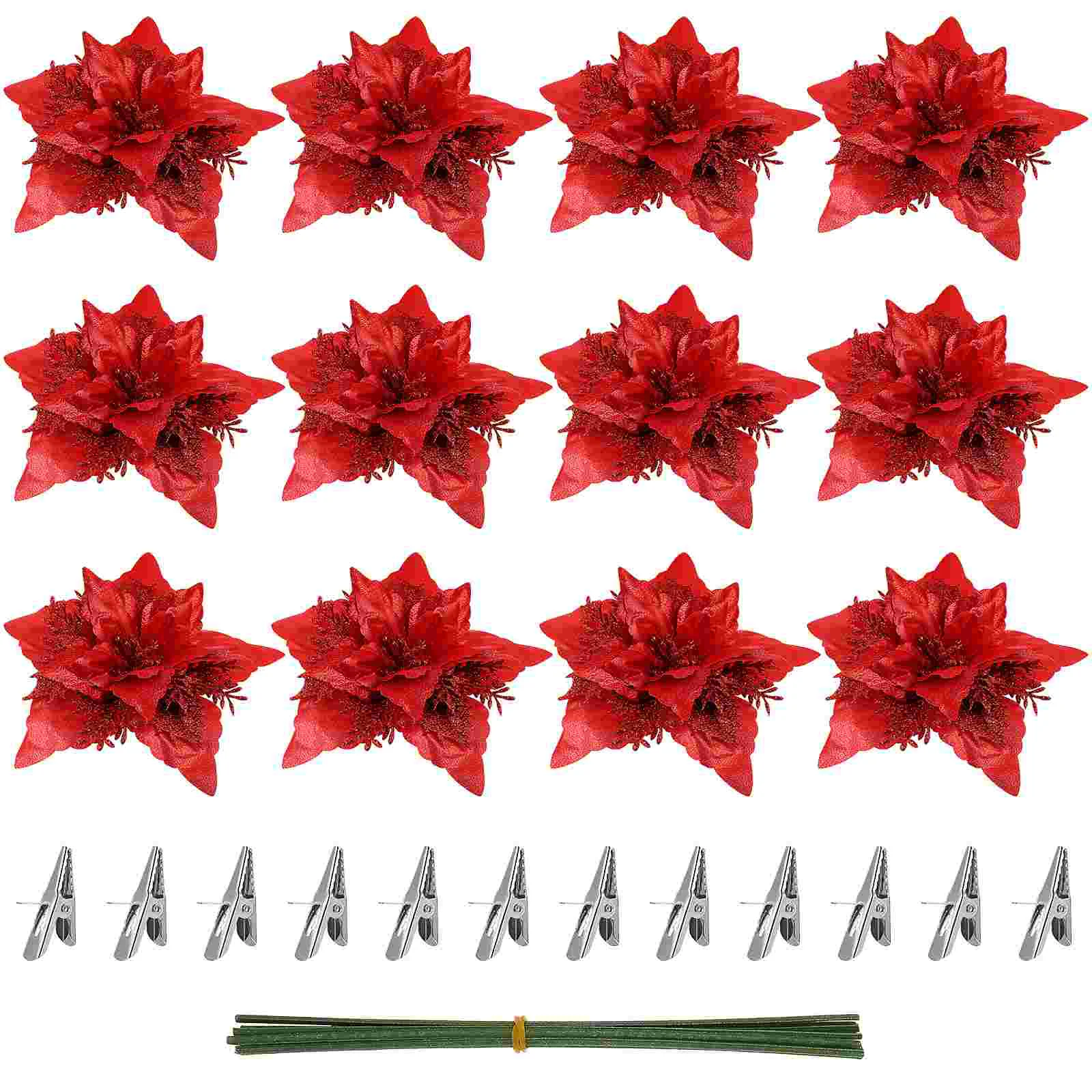 

Poinsettia Flowers Christmas Glitter Artificial Christmas Flowers Clips Stems Christmas Tree Ornaments Diy Xmas Tree