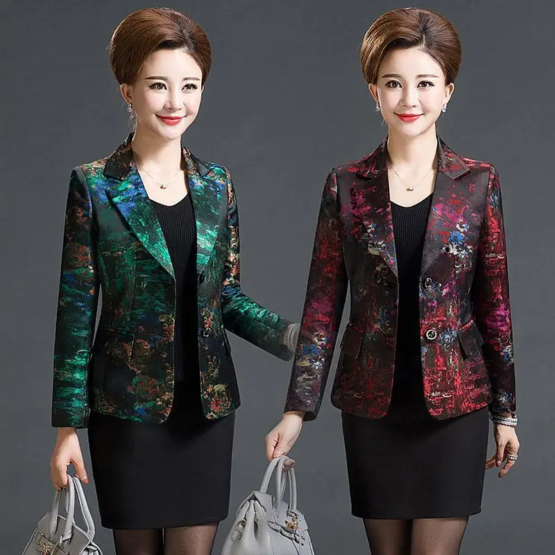 

2024 Spring Autumn Middle Aged and Old Women Elegant Printed Long Sleeve Blazers Female Notched Collar Single Breasted Coat C126