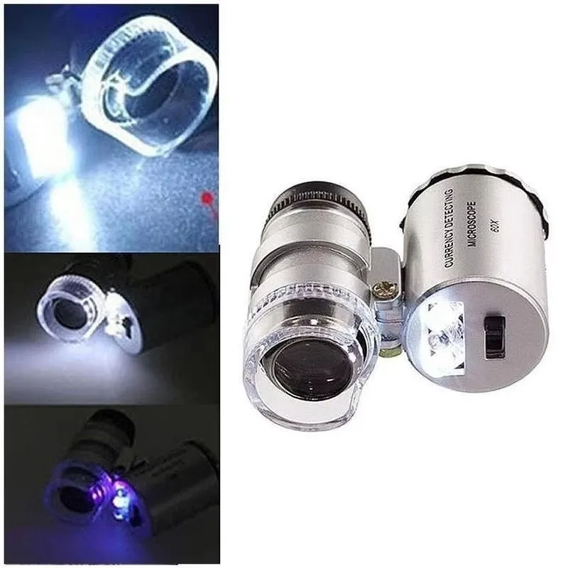 Mini 60X Microscope LED Jewelry Loupe UV Currency Detector Portable Magnifier Magnifying Eye Lens Magnifying Glass Loupe