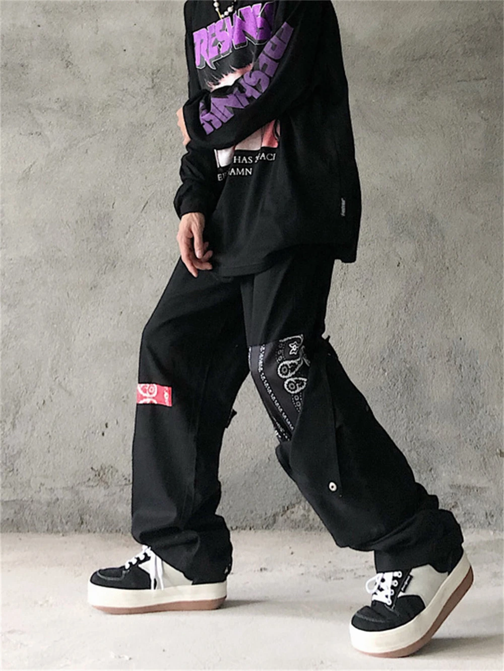 Punk Baggy Pants Goth Mall Black White Cargo Trousers Male Korean Preppy Cyber Paisley Grunge Harajuku Gothic Detachable Pants tactical cargo pants