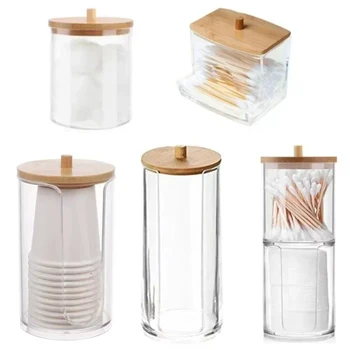 Acrylic Storage Box Bathroom Jar Makeup Organizer Cotton Round Pad Holder Cotton Swab Box Qtip Holder Dispenser with Bamboo Lid 1
