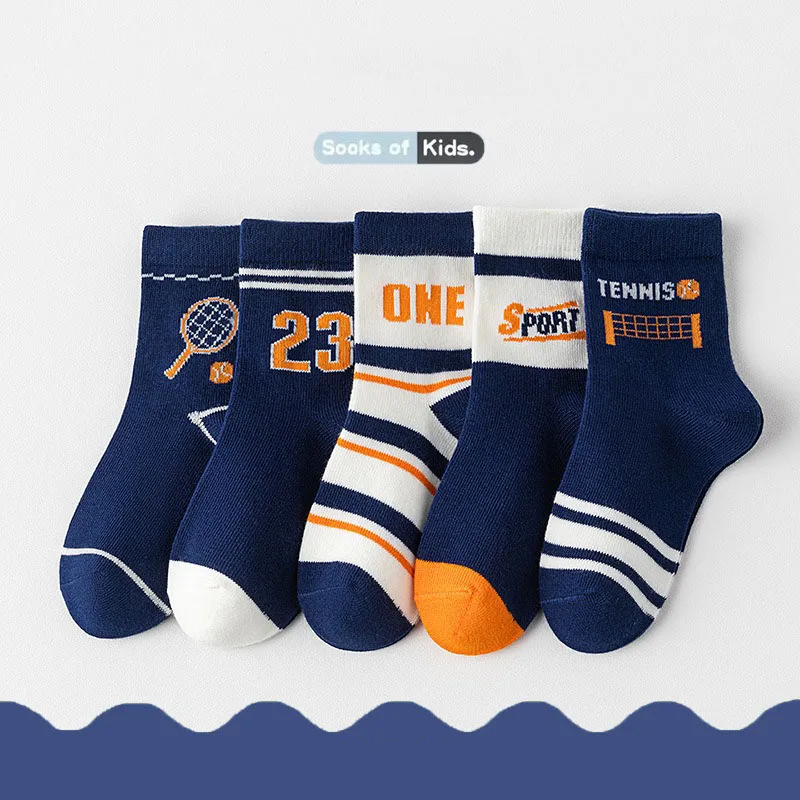 New 5 Pairs Kids Boys Socks Tennis Series Children Sport School Students Socks Spring Autumn Soft Cotton Toddler Mid Tube Sock 2