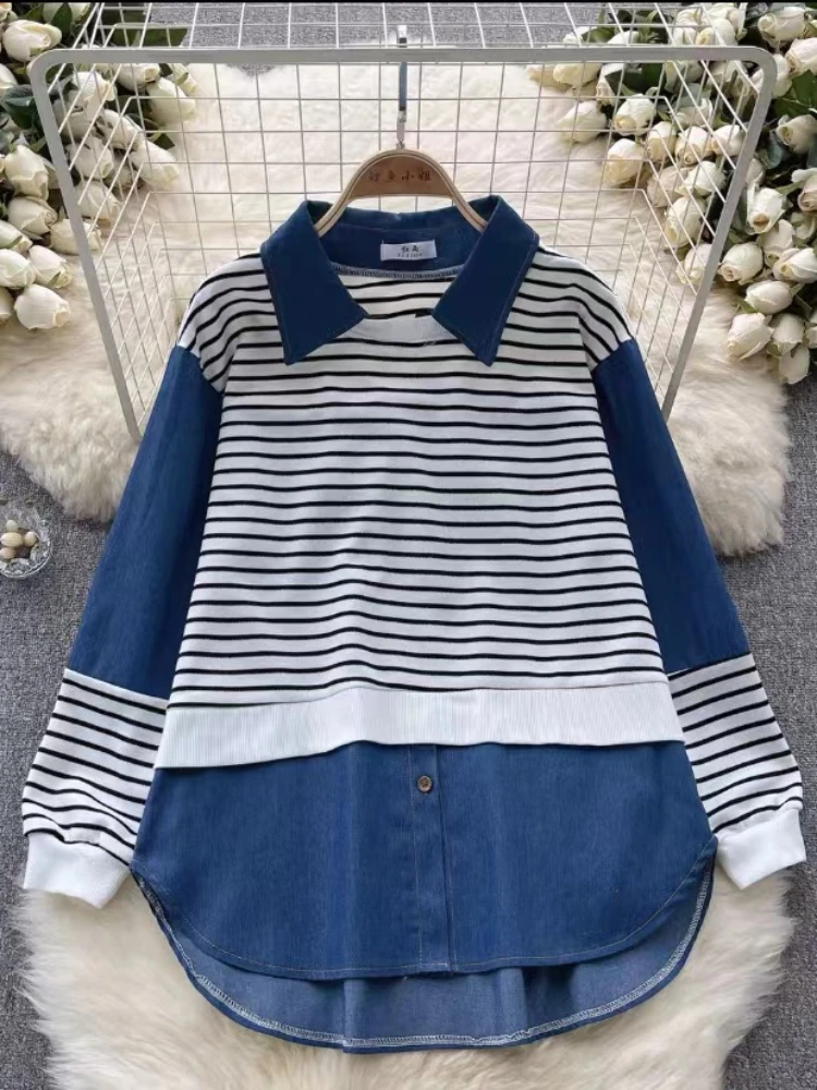

Women Sweatshirts 2023 Spring Autumn Korean Long Sleeve Denim Splice Fake Two Piece Striped Hoodies Female Casual Tops