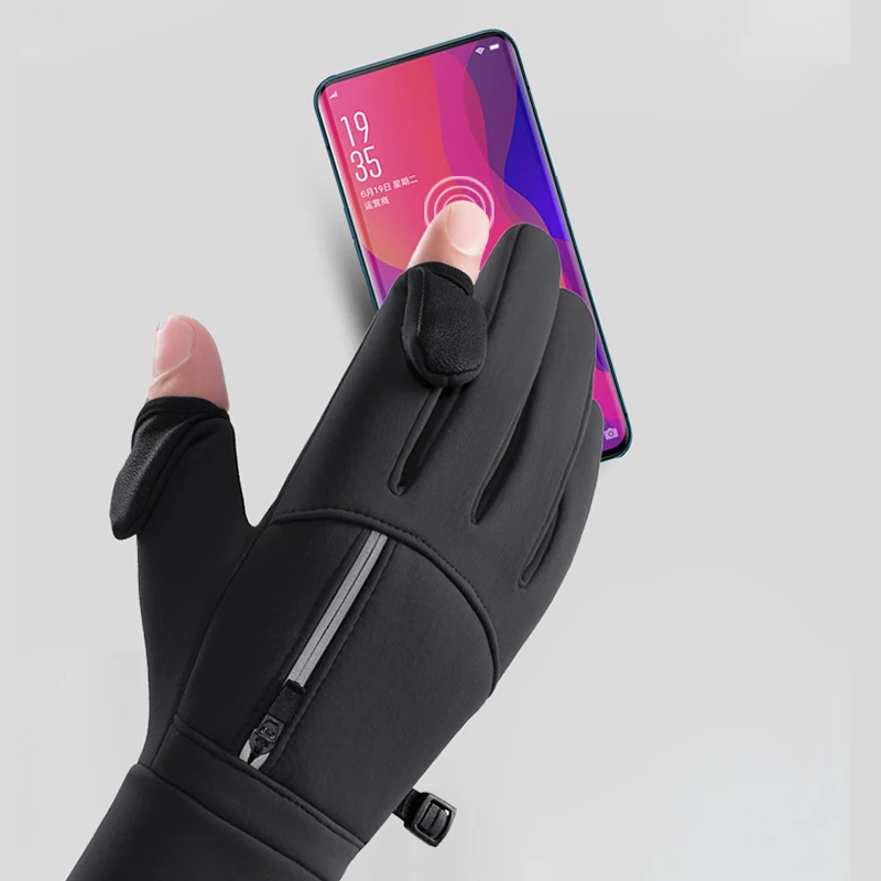 Winter Cycling Gloves Windproof Men Women Touchscreen Warm Motorcycle Water-Repellent Zipper Pocket Fingertip Flip