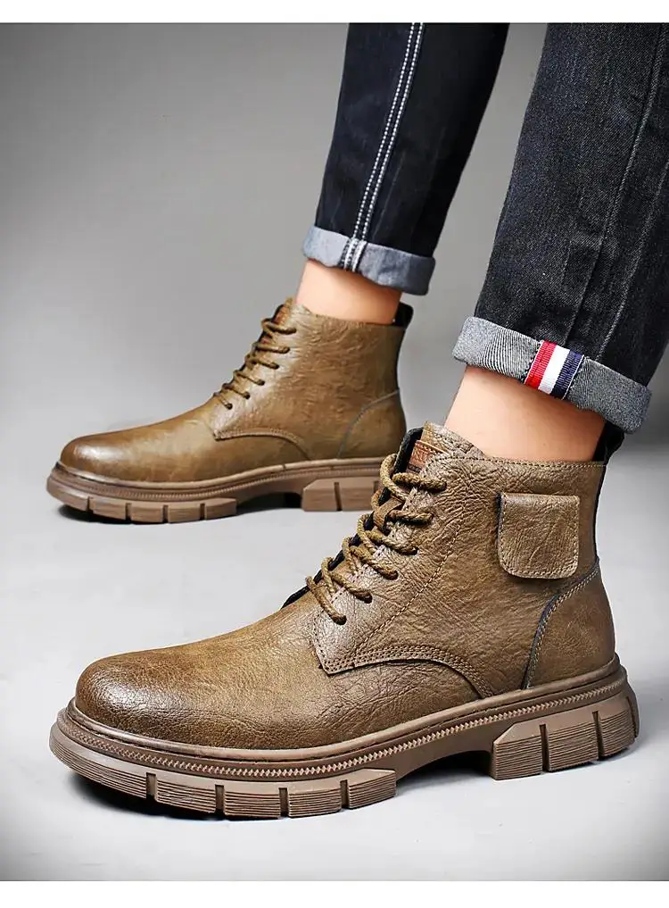 

New Men's Spring Autumn Leather High Top Casual Work Boots Thick Bottom Non Slip Large Size Business Casual Leather Boots