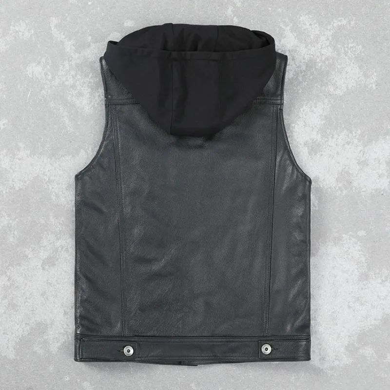 2023 New Vintrage Men Fashion Slim Cowhide Vests Motor Rider Leather Vest Hooded Sleeveless Genuine Cow Leather Vest Jacket