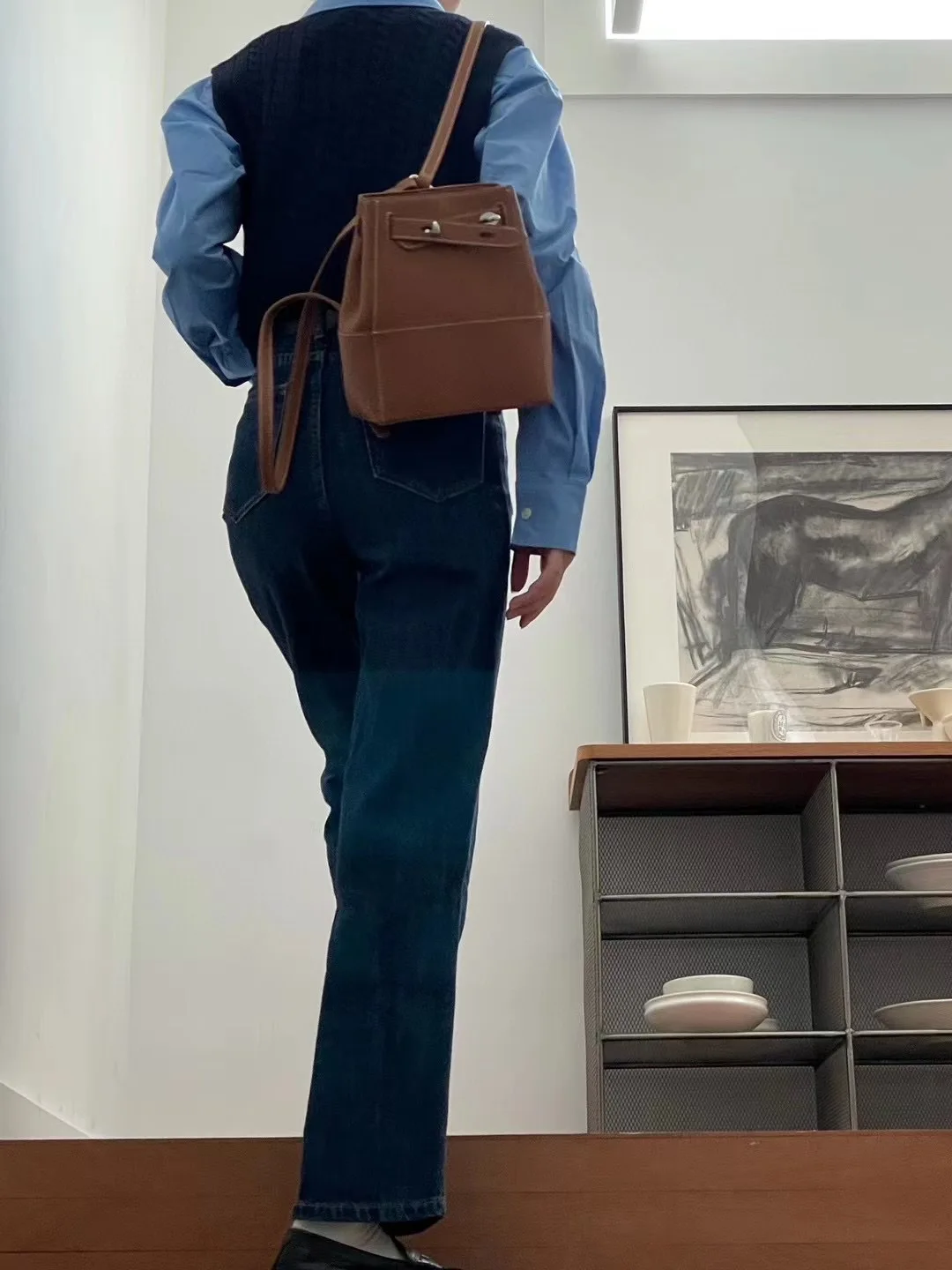 Korean Minimalist Vintage Leather Backpack Large Capacity Bucket Bag