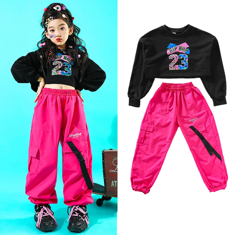 

2023 Children Hip Hop Dance Performance Costumes For Girls Black Sweater Shirt Rose Red Pants Streetwear Jazz Clothes DQS14031