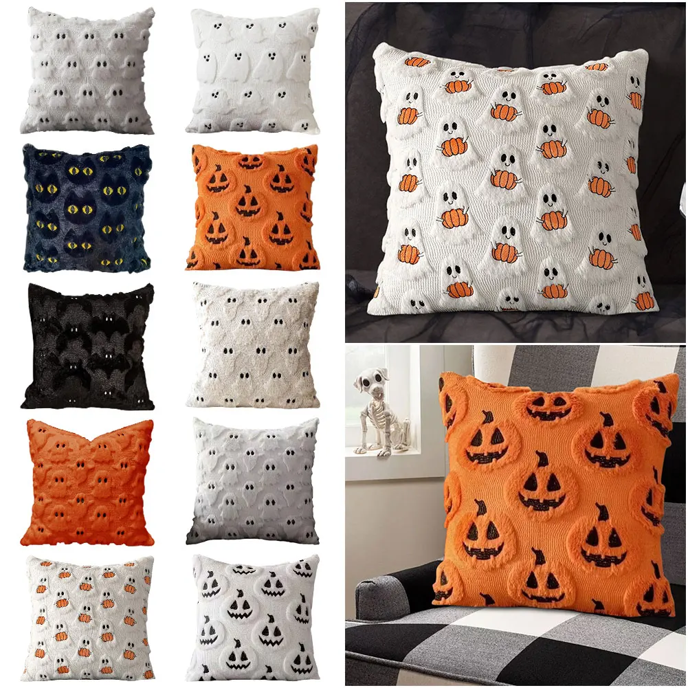 Halloween Plush Faux Fur Pillowcase Comfortable Soft Pillow Case Halloween Ghost Pumpkin Pillow Cover for Couch Sofa Home Decor