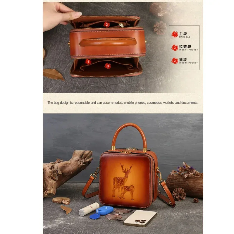 Deer embossed leather handbag first layer cowhide retro slung Women's bag luxury bag woman