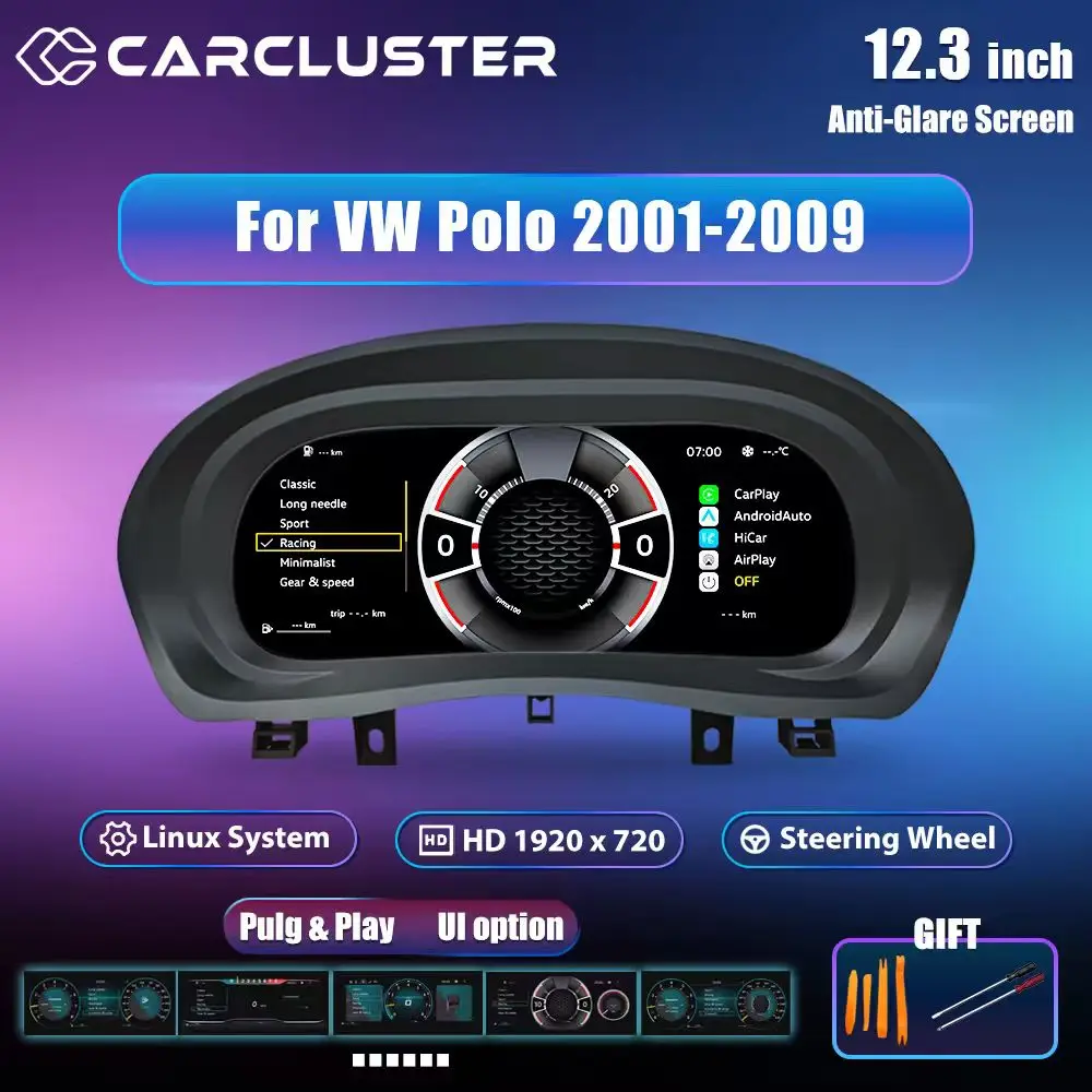 Panel de Instrumentos Digital LCD de 12.3'' para VW Polo 2001-2009, Compatible con Carplay, Panel de Instrumentos Digital para el Tablero de Mandos 1