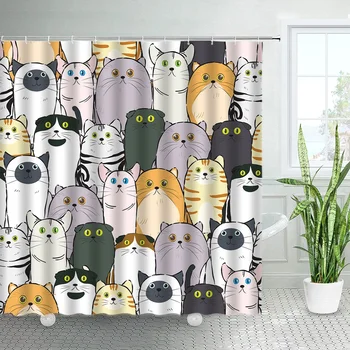 unframed Cat Printed Shower Curtain Color Cartoon Lovely Animal Bear Polyester Fabric Hanging Curtains Bathroom Bathtub Decor wi 1