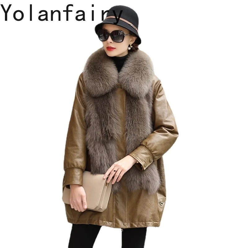 

Женский пуховик из натуральной кожи, Свободное пальто из овечьей кожи с воротником из лисьего меха, элегантная женская одежда, новинка 2023