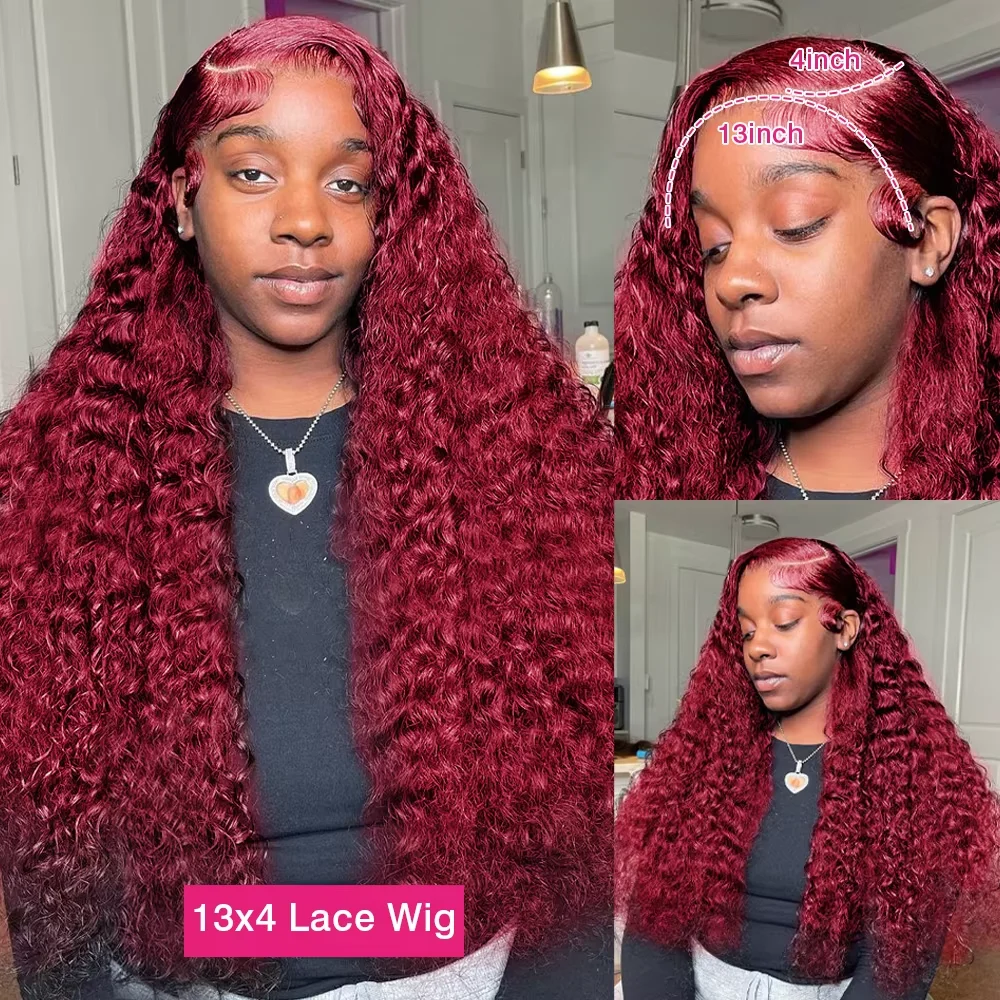 Burgundy Curly 13x6 Hd Lace Frontal Wig Human Hair 220% Density 13x4 Water Deep Wave 99J Red Colored Wig For Women 40 46 Inch