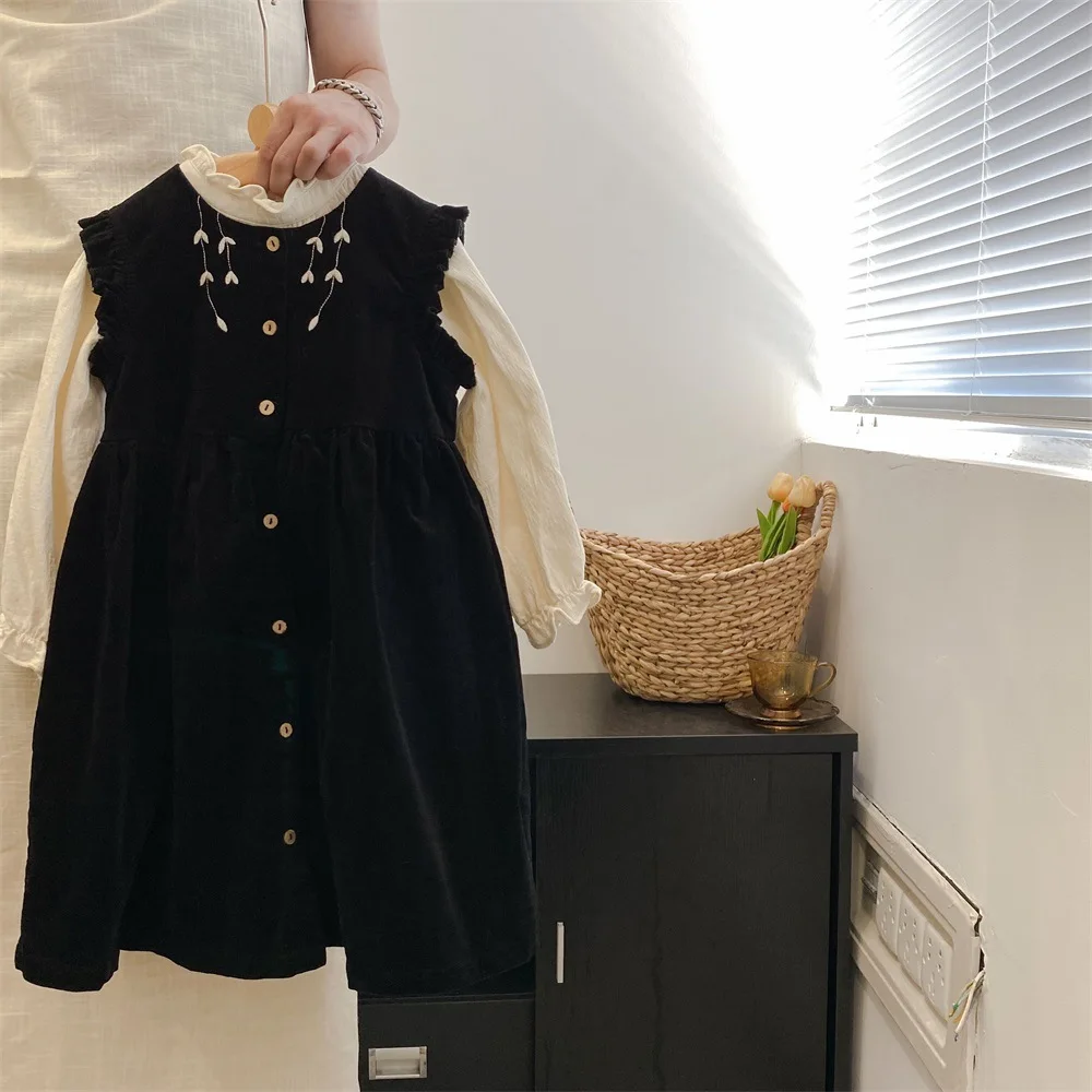 

2 To 12 Years , New 2024 Corduroy Girls Dress Kids Embroidered Retro Clothing Children Autumn Winter Sleeveless Dresses Black